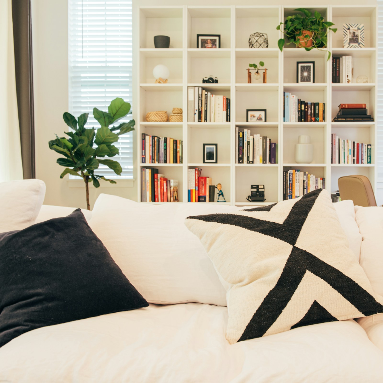 Weißes Sofa vor einem Bücherregal